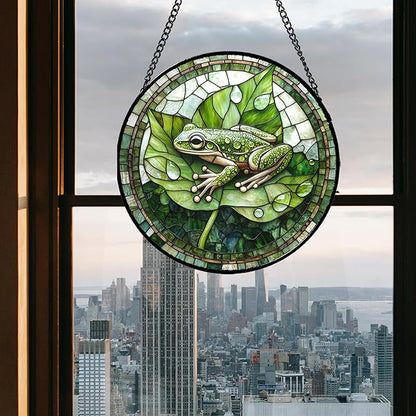 CRISGIF Stained Glass Window Hanging - Cute Frog Suncatcher for Doors Garden Patio Green Leaves Sun Catchers Decor Christmas Mother's Day Birthday Gifts for Women Men Mom Nana Boy Friend 15 in