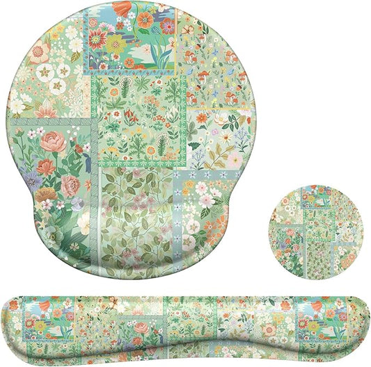 iLeadon Mouse Pad with Wrist Support, Wrist Pad for Keyboard, Ergonomic Mouse Pad Set for Office Home(Green Floral)