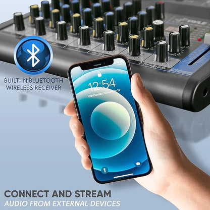 Pyle Professional 6 Channel Audio Mixer with Bluetooth - DJ Sound Board - USB Computer Input - Built-in MP3 Player - 48V Phantom Power - 3 Band EQ - 16-Bit DSP FX - Band, Studio Ready - PMXU63BT
