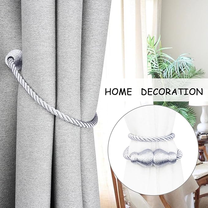 Nieffeiy Magnetic Curtain Tiebacks Outdoor Curtain Tie Backs Rope Decorative Magnetic Curtain Holders for Drapes Window Treatment Holdbacks, Grey 4Pack