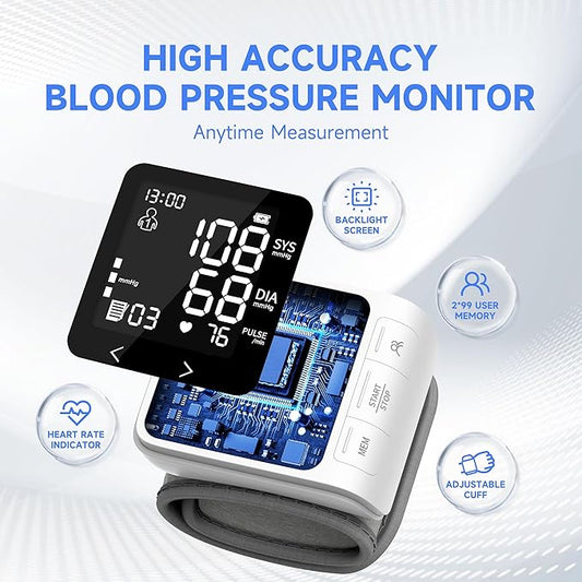 VivaGuard Wrist Blood Pressure Monitor for Home Use, LCD Backlit Dispaly BP Machine Automatic Digital Wrist Blood Pressure Cuff with Heartbeat Detector, 2 * 99 Memory, Carrying Case, 2 AAA Batteries