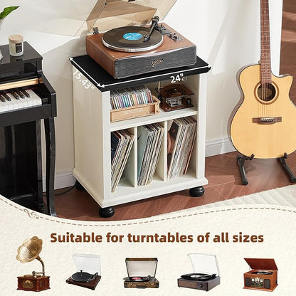 Joaxswe Record Player Stand with Charging Station Up to 200 Albums, 24" Wide Mid-Century Record Player Table with Vinyl Record Storage,Large Wood Turntable Stand Dispaly Cabinet for Living Room,White