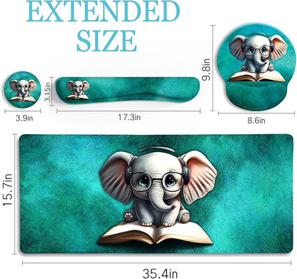 LIMKRIAN Desk Mat Pad, Large Gaming Mouse Pad with Wrist Rest Wrist Support, Ergonomic Mouse Pad Keyboard Mat Wrist Rest, Cup Coaster, Home Office Desk Accessories Decor Supplies, Cute Elephant