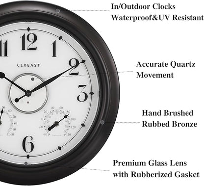 CLXEAST Illuminated Indoor Outdoor Clocks Waterproof 18 inch with Smart Night Light Sensor,Large Wall Clock with Thermometer & Hygrometer,Oil Rubbed Bronze Black,House Warming Gifts New Home
