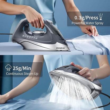 IRONDAY Steam Iron for Clothes Rapid Heating, 1700W Iron Burst of Steam, Non-Stick Ceramic Soleplate, Auto shutoff, Anti-Drip, Self-Cleaning, 10.14oz Water Tank Ironing Clothes for All Fabrics, Grey