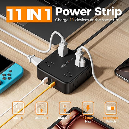 TESSAN 10 Ft Flat Plug Extension Cord with Multiple Outlets, Surge Protector Power Strip with 3 USB(1 USB C) 8 Outlets, 900J Protection, Desk Charging Station for Home, Office, Dorm Room, Black