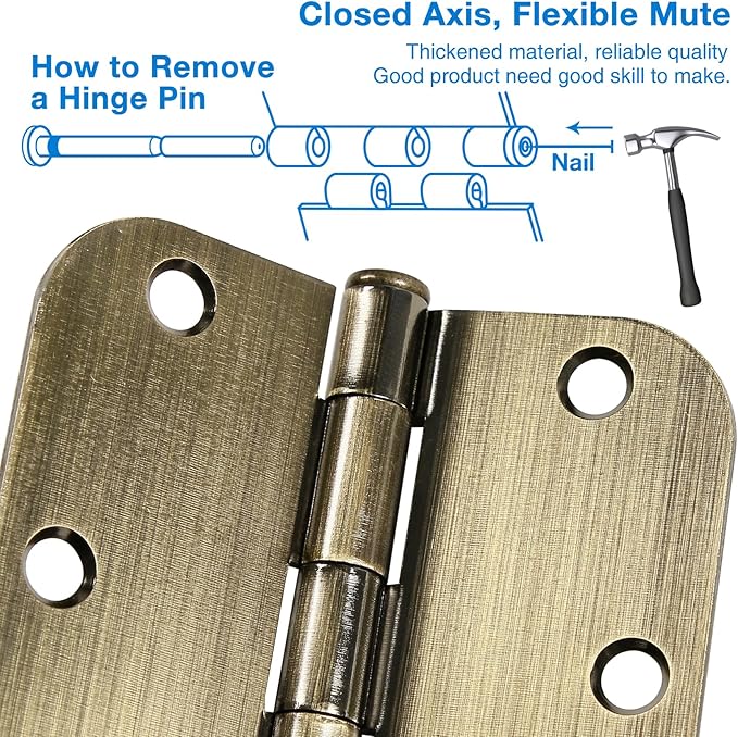 6 Pack Antique Brass Door Hinges 3.5 Inch Black Interior 3 1/2" Rounded 5/8" Radius Standard Residential Bedroom Indoor for Doors 3 ½" Hardware Control House Home Decor Essentials Acessories