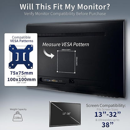 VIVO Single 13 to 38 inch Ultrawide Monitor Arm Desk Mount, Regular Screens up to 32 inches, 22 lbs capacity, Fully Adjustable Stand with C-Clamp and Grommet Base, Black, STAND-V001
