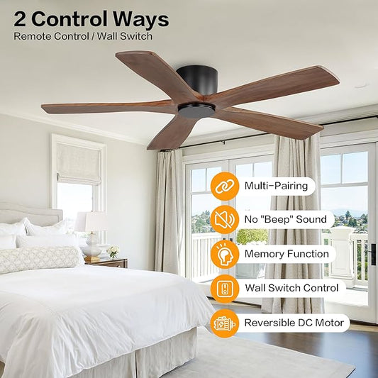 WINGBO 48" Flush Mount DC Ceiling Fans without Lights, 5 Carved Solid Wood Blades, 6-Speed Reversible DC Motor, Low Profile Hugger Ceiling Fan No Lights for Living Room Bedroom Patio, Black and Walnut