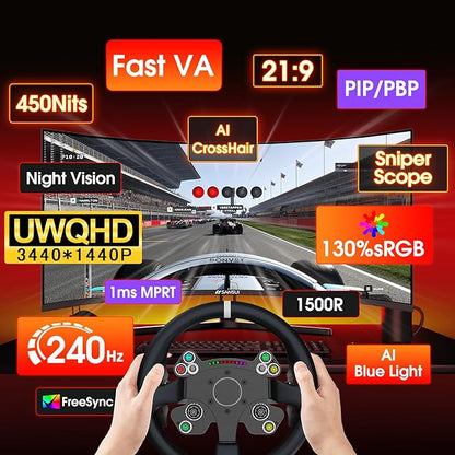 SANSUI 34 Inch 240Hz Ultrawide Curved Gaming Monitor UWQHD 3440×1440, 21:9 2K Curved Monitor 1500R,HDR400,Fast VA, PIP/PBP,AI Crosshair,AIPQ(Visual Enhance),MPRT 1ms,HDMI2.1*2,DP1.4*2(DP Cable Incl.)