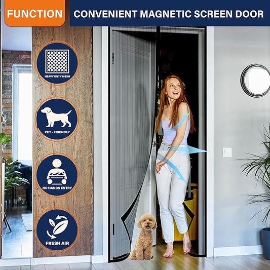 Magnetic Screen Door，Screen Door Mesh，Keep Bugs Out, Heavy-Duty Mesh Curtain,Pet and Kid Friendly, Works with Front Doors, Sliding Doors（32x80 Inch ‎Black