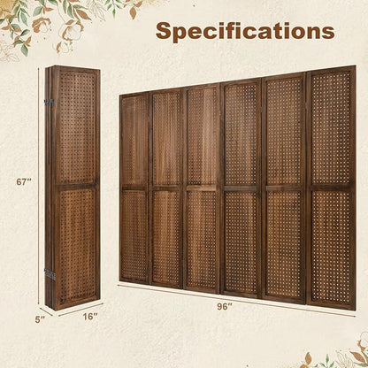 Giantex 6 Panel Pegboard Display & Room Divider, 5.6FT Folding Pegboard Stand for Crafting Show Jewelry Retail, Freestanding Privacy Screen, Wooden Partition Wall Divider for Room Separation, Brown