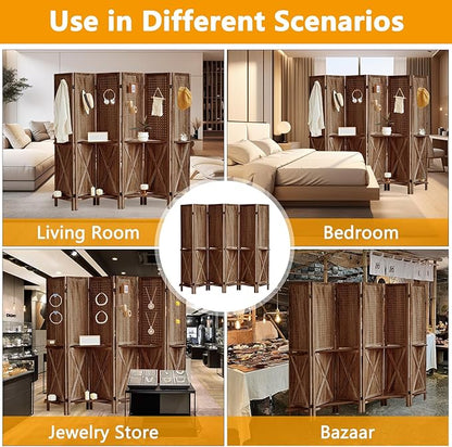 Aleesing 6 Panel Pegboard Display with Shelf, Wooden Pegboard Room Divider Wall with 24 Hooks, Partition Room Dividers and Folding Privacy Screens, Bedroom, Jewelry Store, Brown
