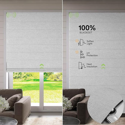 ZSTARR Smart Roman Shades Rechargeable Motorized Blinds with Remote Full Blackout Roman Window Shades Plain Fold Soft for Doors Bedroom, Custom Size (Gray)