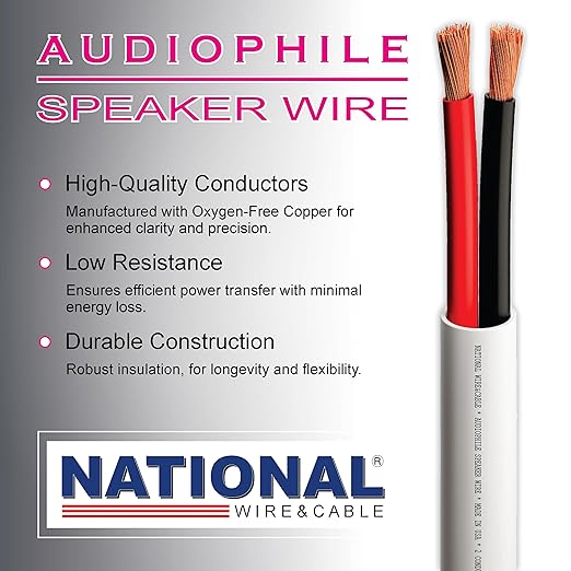 NATIONAL Wire&Cable - 16/2 Audiophile Speaker Wire (100 Feet) 16AWG Gauge - Made in USA - in Wall Audio Speaker Wire Cable/CL Rated/ETL Listed / 2 Conductors - OFC Oxygen-Free Copper, White 100ft
