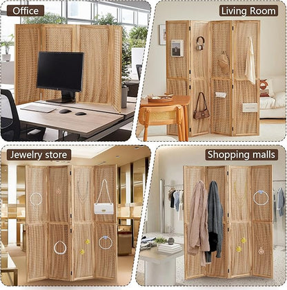 Leesinwing 4 Panel Wooden Room Dividers, 5.6FT High Plug-in Folding Screen Made of Natural Wood, Pegboard Display for Bedroom and Shopping Malls and Jewelry Stores, Light Brown