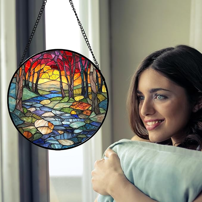 AMDERVEN Stained Glass Window Hanging, Red Tree Abstract Sunset Lake Sun Catcher for Window Home Decor Landscape Suncatcher Mother's Day Birthday Gifts for Women Men Mom and Nana 11.8 in
