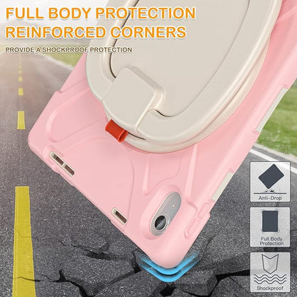 BRAECN Case for iPad (A16) 11th/10th Generation 11”/10.9'' 2025/2022-Shockproof Silicone Cover w/Pencil Holder/360°Swivel Ring Stand/Handle Grip/Kickstand/Shoulder Strap/Screen Protector, Sakura Pink
