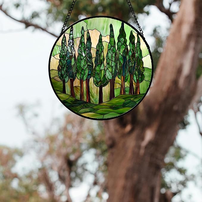 AMDERVEN Stained Glass Window Hanging 4 Pcs Set Forest Green Trees Winter Snow 7.8" - Suncatcher Door Garden Sun Catcher Home Decor Birthday Mother's Day for Woman Nana Mom Men