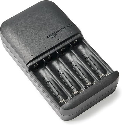 Amazon Basics NiMh Rechargeable Batteries (4 AA & 4 AAA) with 4 Bay Battery Charger, Type A (American) Plug, Black, 8 Count