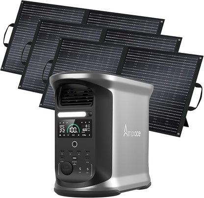 AMPACE Andes 1500 Power Station with 3×100W Solar Panel, 2400W/1462Wh Solar Generator with 4 AC Outlets, AC1800W Fast Charging, APP Control Battery Backup for Home, Camping & RVs