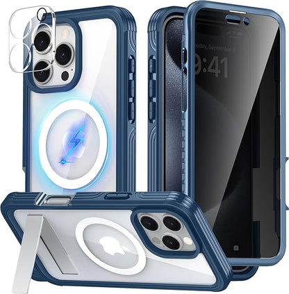 360° Protection Magnetic for iPhone 16 Case Built-in 9H Privacy Screen Protector & Metal Stand[Fit for Magsafe][Anti-Spy][Lens Protector] (Dark Blue, Phone 16 Pro Max)