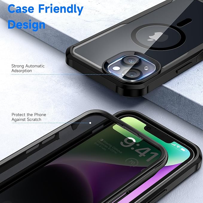 seacosmo for iPhone 14 Plus Case, Full Body Bumper with Built-in 9H Tempered Glass Privacy Screen Protector and Camera Lens Protector, Compatible with MagSafe, Shockproof Phone Cover, 6.7", Black