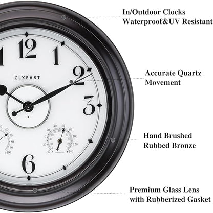 CLXEAST 24 Inch LED Self-Illuminated Outdoor Metal Clocks Waterproof, Large Lighted Outdoor Clock with Temperature and Humidity,House Warming Gifts New Home,Oil Rubbed Bronze Black
