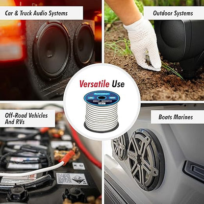 InstallGear 14 Gauge Speaker Wire with Banana Plugs - 100ft White Cable for Outdoor, Automotive & Marine