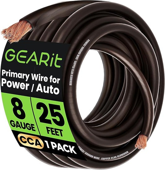 GEARit 8 Gauge Wire (25ft - Black Translucent) Copper Clad Aluminum CCA - Primary Automotive Wire Power/Ground, Battery Cable, Car Audio Speaker, RV Trailer, Amp, Electrical 8ga AWG 25 Feet