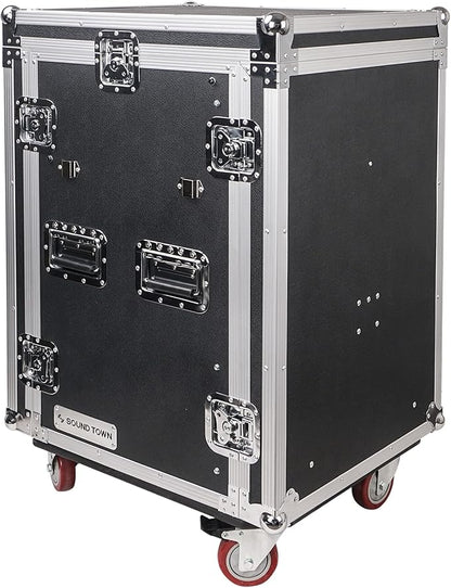 Sound Town Heavy-Duty 1/2" (12mm) Plywood 16U PA/DJ Rack/Road Case with 11U Slant Mixer Top, 20’’ Rackable Depth, DJ Work Table and Casters, 16-Space Size, Pro Tour Grade (STMR-16UWT)