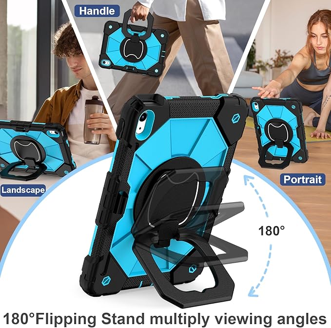 Case for iPad (A16) 11th Generation 11 Inch (2025) / iPad 10th Generation Case 10.9 Inch (2022) with 360° Rotating Stand Screen Protector Pen Holder Shoulder Strap, Black Blue