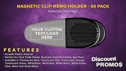 50 Magnetic Memo Holders Set - Customizable Text, Logo - Large Clip, Plastic - Silver Black