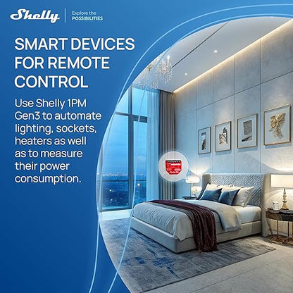 Shelly 1PM Gen3 | WiFi Smart Relay Switch with Power Metering, 1-Channel 16A | Home Automation | Compatible with Alexa & Google Home | iOS Android App | No Hub | Wireless Lighting Control