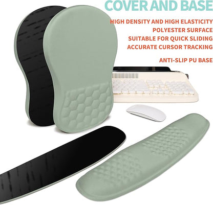 KUOSGM 2-in-1 Ergonomic Set, Wave Rise Keyboard Wrist Rest and Massage Bulge Slope Mouse Pad Wrist Support, Cushion Memory Foam Integrated to Relieve Wrist Pain, Light Green