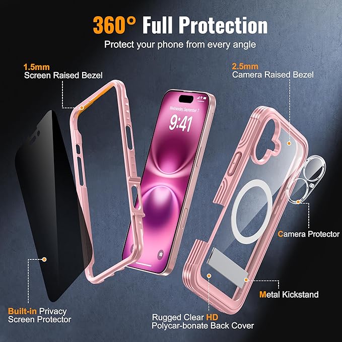 Magnetic & Stand for iPhone 16 Plus Case Built-in Privacy Screen Protector[360° Full Body Protection][Fit for Magsafe][Lens Protector] Heavy Duty Shockproof Phone Case for iPhone 16 Plus Pink
