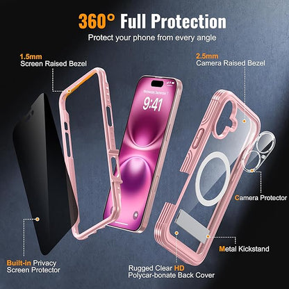 Magnetic & Stand for iPhone 16 Plus Case Built-in Privacy Screen Protector[360° Full Body Protection][Fit for Magsafe][Lens Protector] Heavy Duty Shockproof Phone Case for iPhone 16 Plus Pink