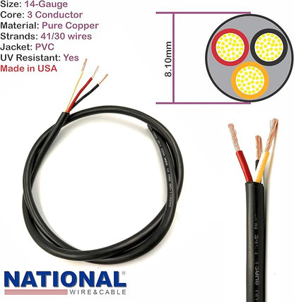NATIONAL Wire & Cable – 14 AWG 3-Conductor Premium Copper Wire, 50 ft, Stranded | Made in USA, Heavy-Duty Flexible Jacket | Automotive, Low Voltage, LED, Lights, DIY, Indoor and Outdoor Use5