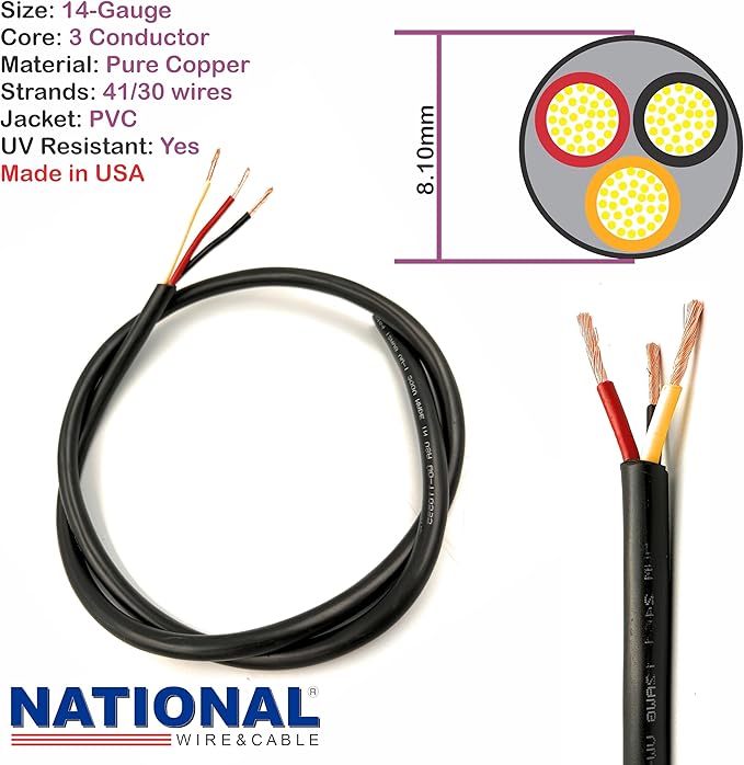 NATIONAL Wire & Cable – 14 AWG 3-Conductor Premium Copper Wire, 100 ft, Stranded | Made in USA, Heavy-Duty Flexible Jacket | Automotive, Low Voltage, LED, Lights, DIY, Indoor and Outdoor Use