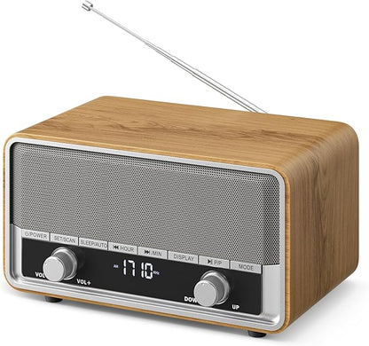 Vintage Wood AM FM Bluetooth Radio with Clock, Digital Clock Radio for Bedroom with LCD Display | 40 Presets | Sleep Timer | No Alarm, Retro Bluetooth Speaker for Office, Kitchen (Wood)