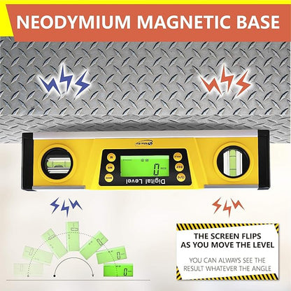 Shefio Digital Level - 10 Inch Torpedo Level And Protractor, Bright Lcd Display, Audio Indicator, Magnetic Base - Includes Batteries And Case