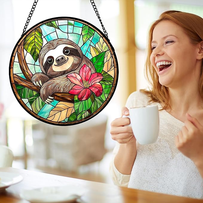 AMDERVEN Stained Glass Window Hanging, Cute Sloth Sun Catcher for Door Home Decor Animal Suncatcher Christmas Mother's Day Birthday Gifts for Women Men Mom and Nana 15 in