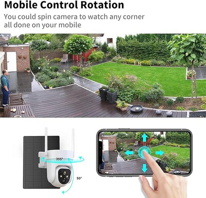 2K PTZ Solar WiFi Security Camera with AI Motion, Color Night Vision, 360 View, Waterproof, Alarm - Rechargeable Battery