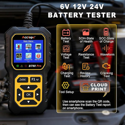 Acclope BT60 Pro Car Battery Tester, Digital Analyzer with Cloud Printing, 100-3000 CCA Range for 6V/12V/24V AGM, Lithium, Gel Batteries, Automotive Charging System
