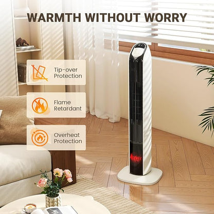 Zynkez 33" Space Heaters for Indoor Use Large Room, 1500W PTC Tower Fireplace Heater with 3D Flame, Room Heater w/Remote Control,12H Timer & Oscillation, Portable Electric Heaters for Bedroom, Beige