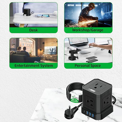 Cube Power Strips with Surge Protection, 10ft Extension Cord with Multiple Outlets, 5 AC Plugs, 3 USB, 1 Usbc Fast Charging Power Strip with USB Ports, Mountable On/Off Switch Charging Station