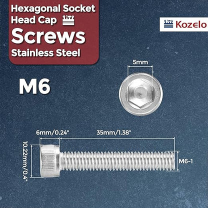 Kozelo 25pcs Socket Head Cap Screws - [M6-1 x 35mm] 304 Stainless Steel Allen Socket Drive for Electrical Motor 3D Printing Fan Engine Replacement Use, Silver