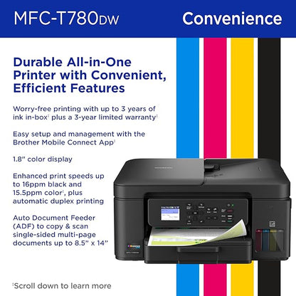 Brother INKvestment Tank 780 Wireless Color Inkjet All-in-One Printer with Duplex Printing | Includes up to 3 Years of Ink in-Box(1) and a 3-Year Limited Warranty(2) (MFC-T780DW)