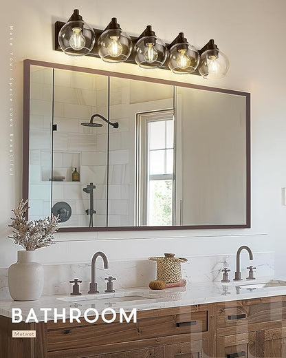 METWET Bathroom Light Fixtures Over Mirror, 5-Light Oil Rubbed Bronze Bathroom Vanity Light with Globe Clear Glass Shade, 32 Inch Modern Sconces Wall Lighting, VL195-ORB-5