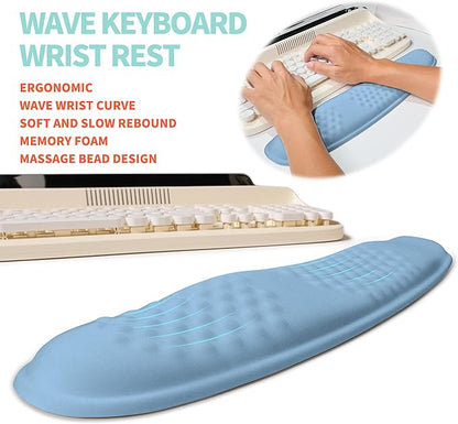 KUOSGM 2-in-1 Ergonomic Set, Wave Rise Keyboard Wrist Rest and Massage Bulge Slope Mouse Pad Wrist Support, Cushion Memory Foam Integrated to Relieve Wrist Pain, Lake Blue